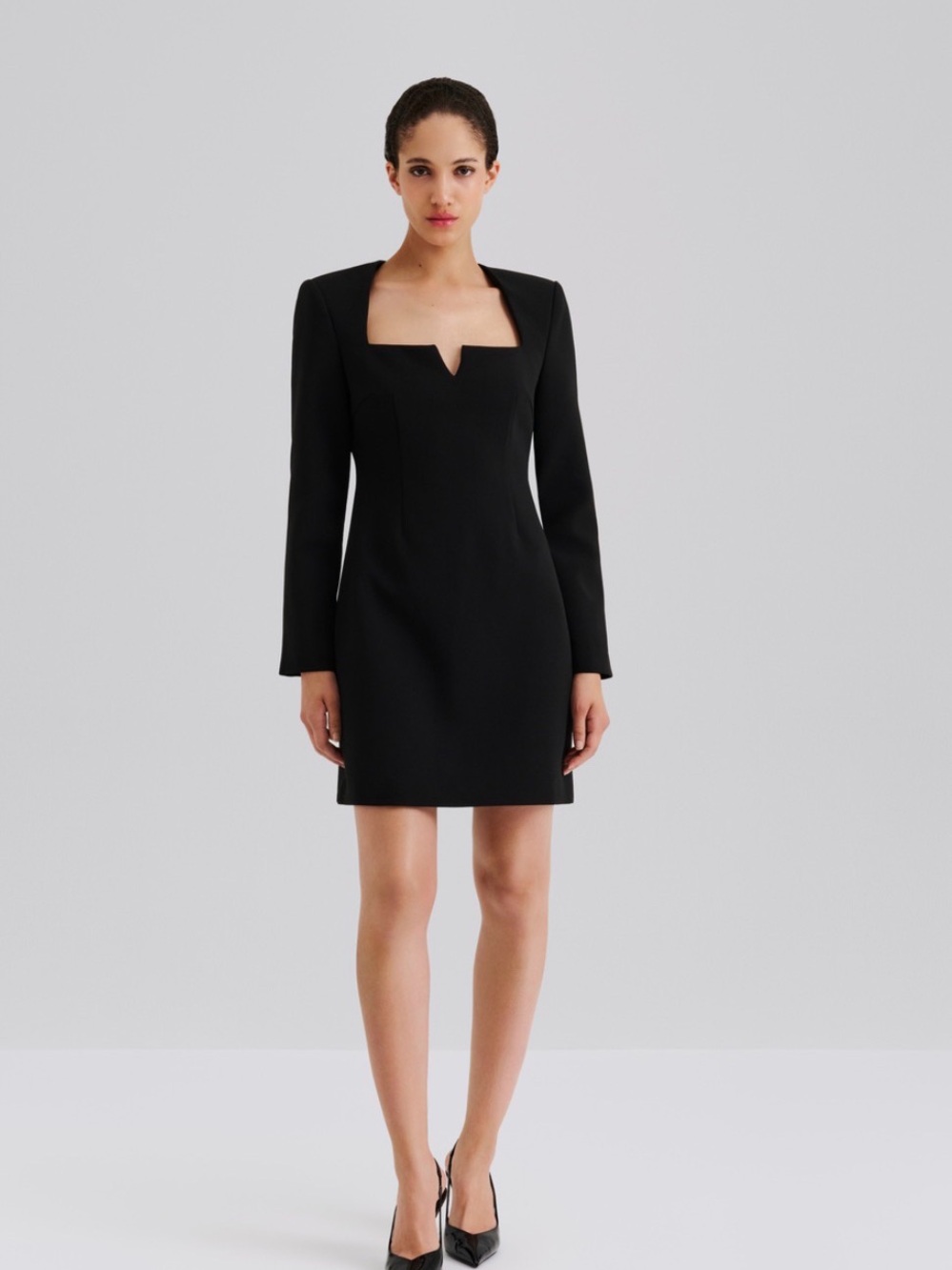 By Malina Tailored Black Mini Dress with Notch Square Neck